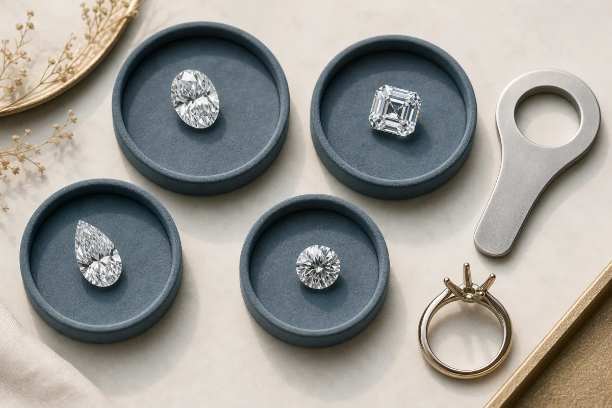 Four differently cut loose gemstones in trays beside a measuring gauge and a ring mounting.