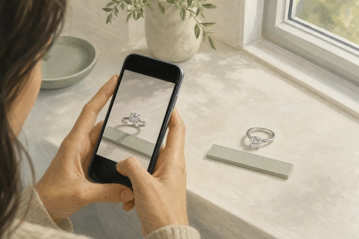 Hands photograph a solitaire ring beside an unmarked ruler in soft window light.