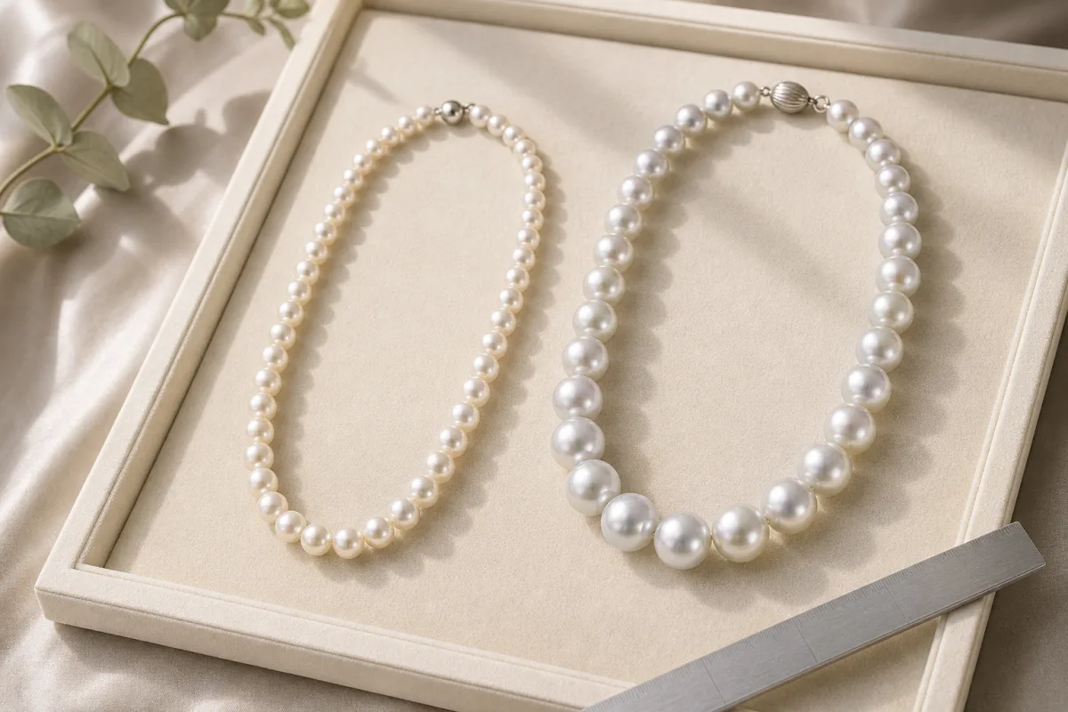 Two pearl strands with different sizes and shapes arranged separately on an ivory jewelry tray.