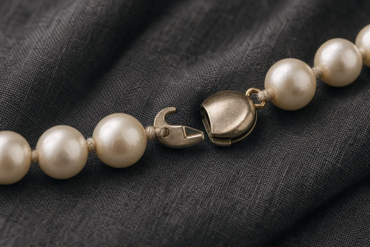 Close view of a pearl necklace clasp, nearby pearls, and slightly visible silk thread on dark fabric.