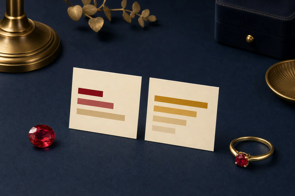 Illustration of a loose red gemstone and a gold ring beside blank comparison cards on a navy surface.