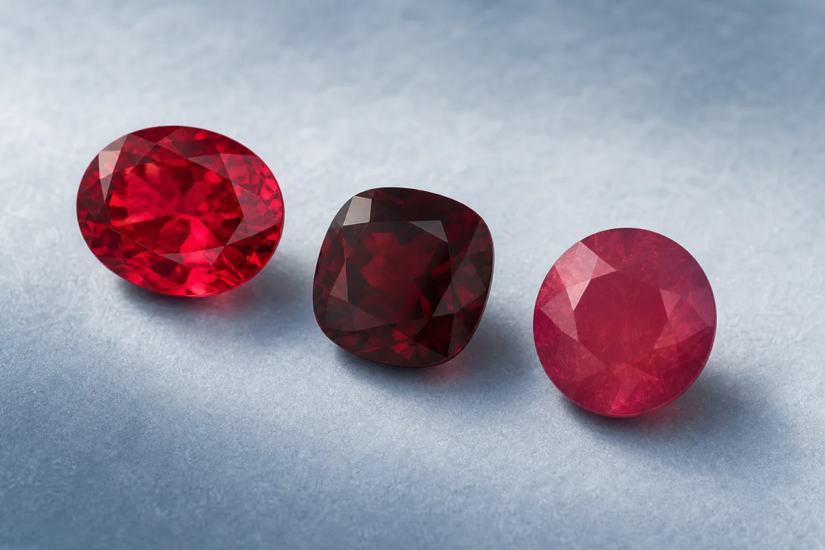 Illustration of three red faceted gemstones with visibly different color intensity, brightness, and transparency appearance.