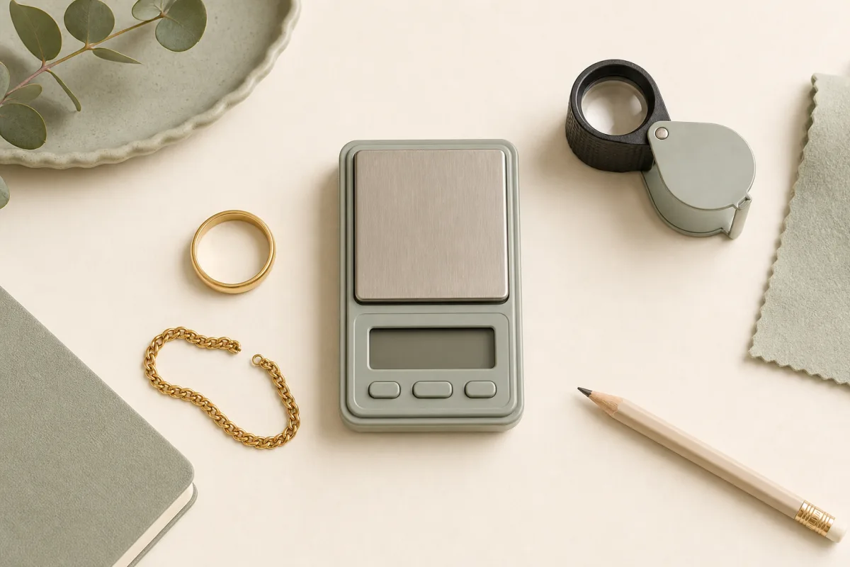 A gold ring and broken chain are arranged beside a small jewelry scale and loupe on a light table.