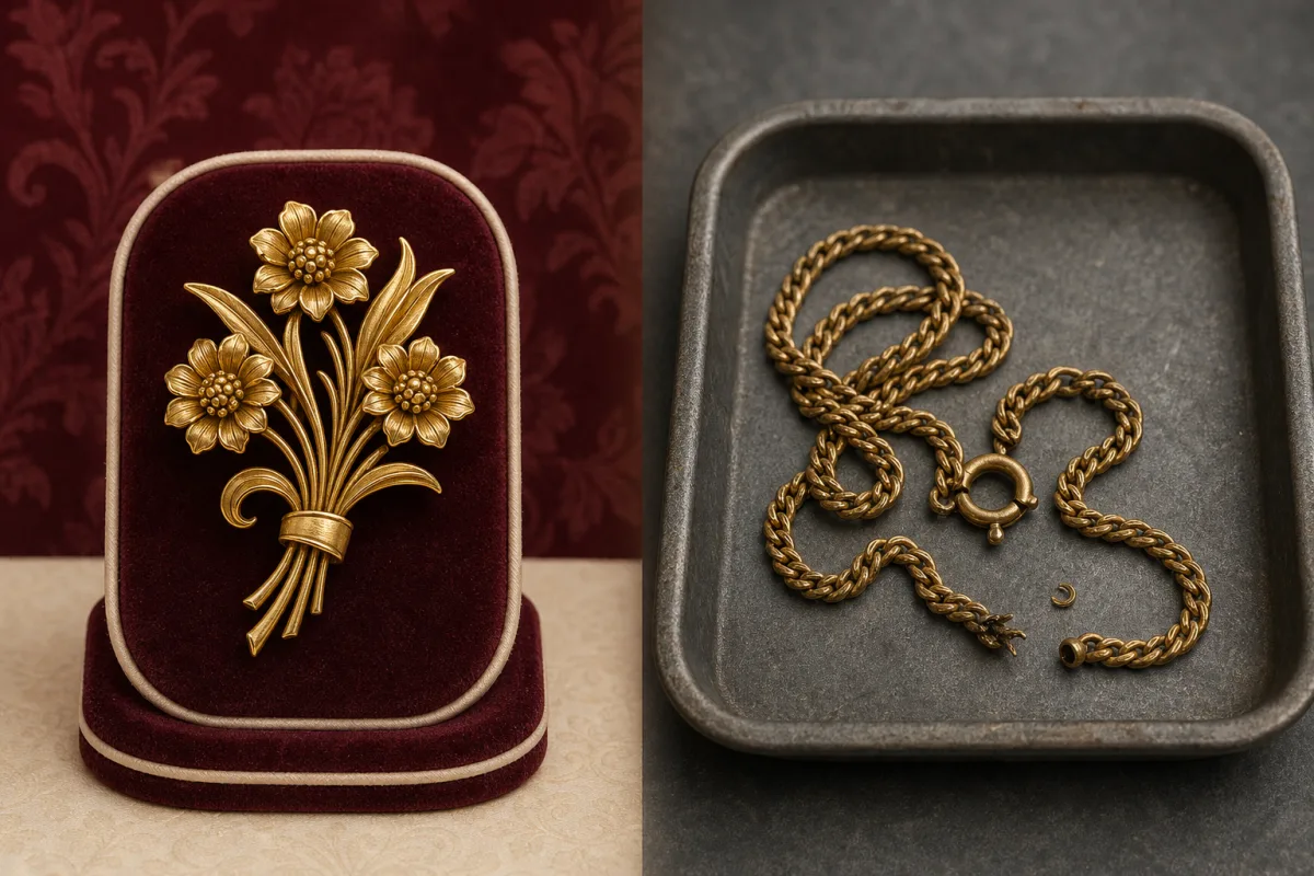 An intact gold brooch on a small stand is shown beside a damaged gold chain in a sorting tray.
