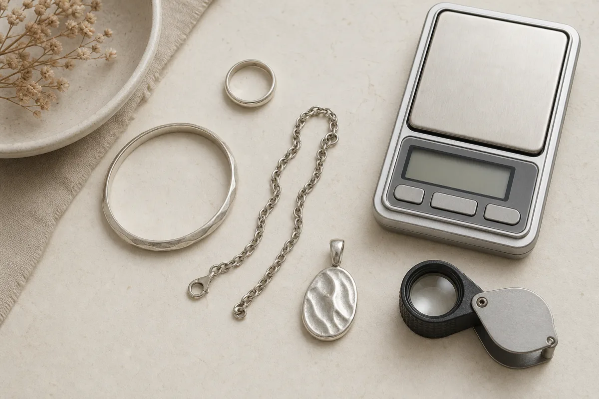 Silver-toned bangle, ring, chain, and pendant arranged beside a blank jewelry scale and hand lens.