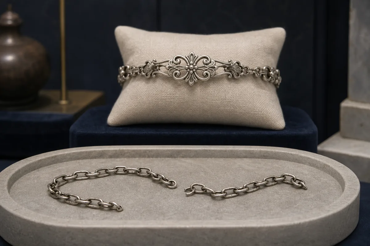 A broken plain silver-toned chain in front of an ornate silver-toned bracelet on a linen cushion.