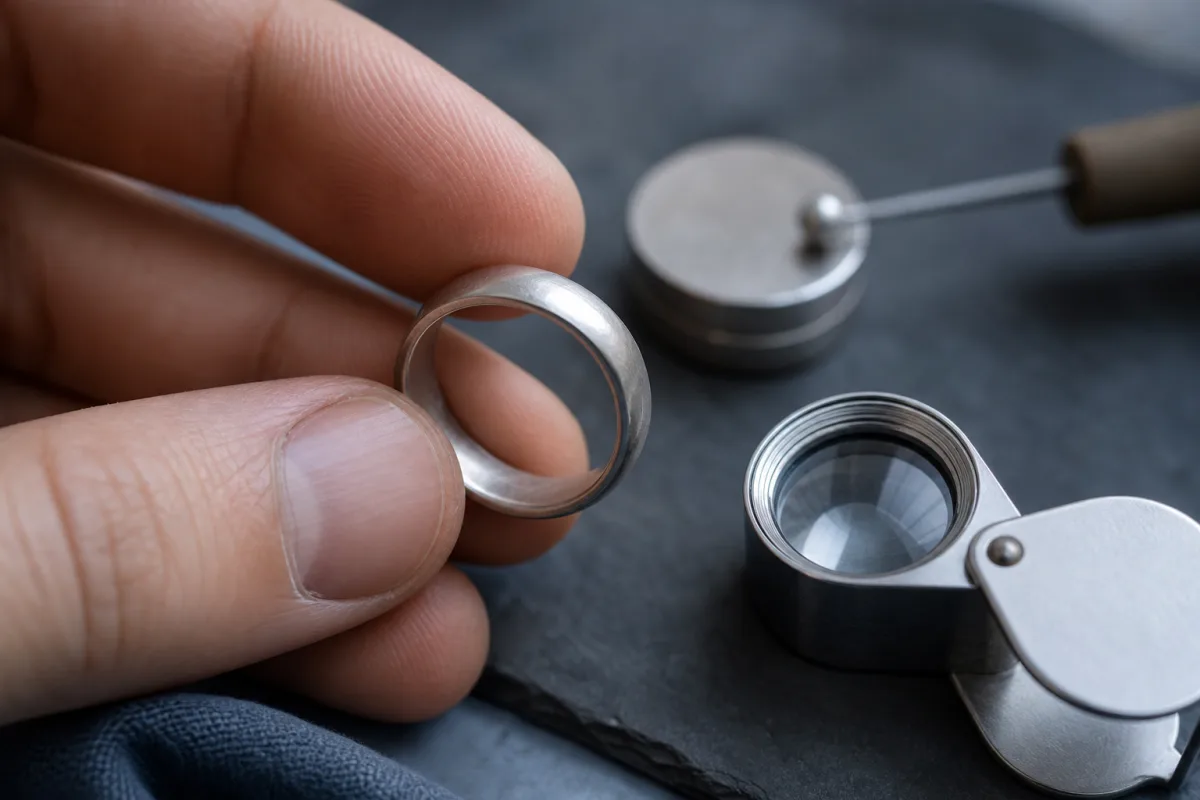 Close view of a plain silver ring held near a jeweler’s loupe on a work surface.