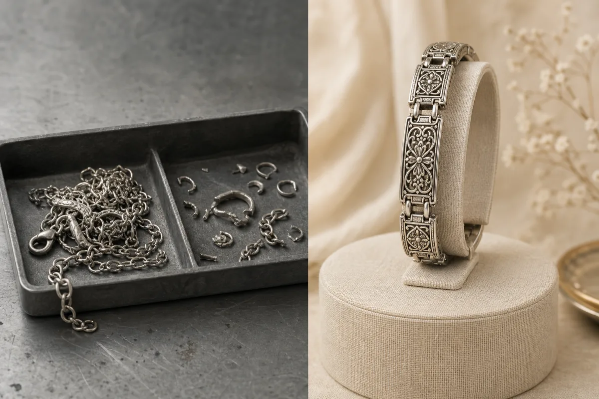 A broken silver chain in a tray contrasts with a polished silver bracelet on a display pedestal.